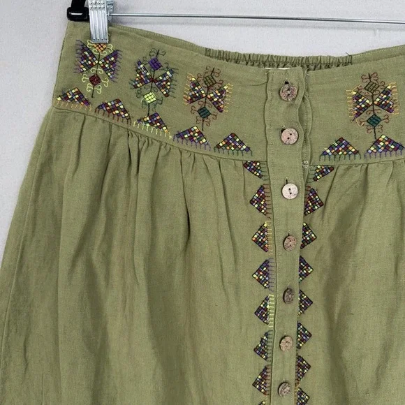 Maeve Skirt Womens 14 Green Embroidered Button A-Line Linen Blend Boho Fairy - Picture 3 of 15